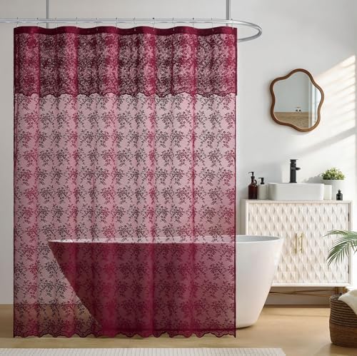 TUDECO Extra Long Dark Red Shower Curtain with Valance, 72W x 90L Inch