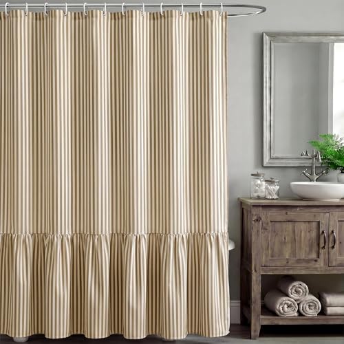 HunnmingRe Taupe Farmhouse Striped Shower Curtain Ruffle Hem 72x72''