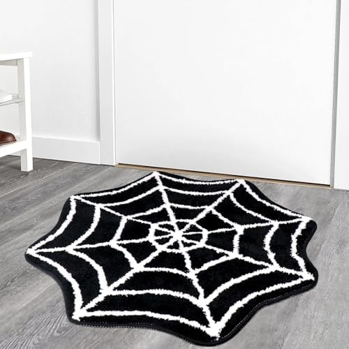Meetory Spider- Web Bath Mat, 31×20" Halloween Bath Mat Non-Slip Rugs Spiderweb Rug Machine Washable Goth Area Rugs Gothic Rug for Front Door, Bedroom, Living Home (Black+White)