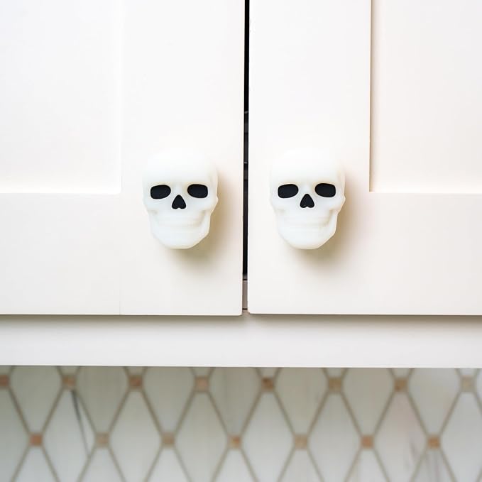 Knobēz 12pk Skull Decorative Cabinet Knob Covers - Spooky Halloween Decor | Stretchy Gothic hardware protectors fit 1 to 1.5 in round or square knobs for instant kitchen and bathroom seasonal style