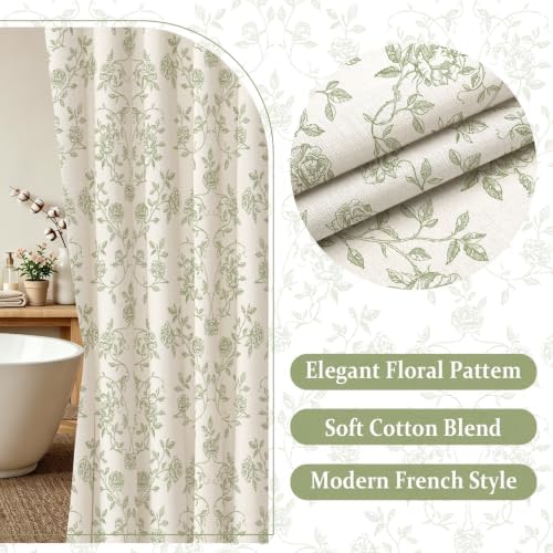 MitoVilla Sage Green Floral Shower Curtain, Farmhouse Poly-Cotton, 72x72