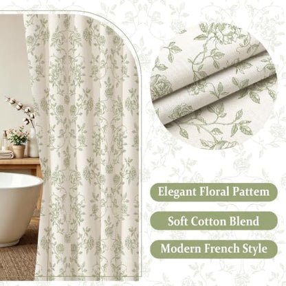MitoVilla Sage Green Floral Shower Curtain, Farmhouse Poly-Cotton, 72x72