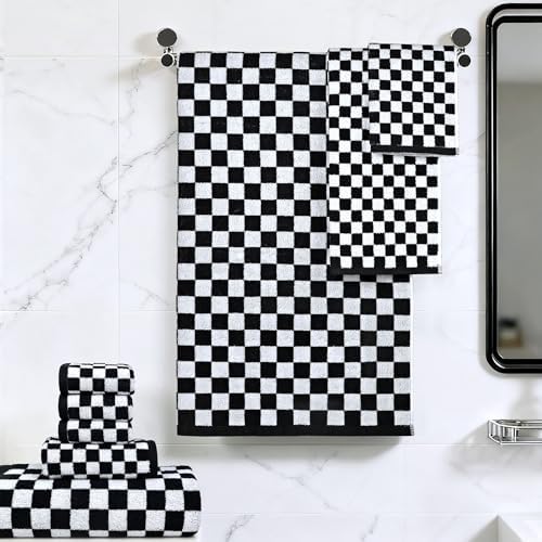Black and White Towels Set of 8, Cute Checkered Towels for Bathroom Decor