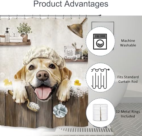 Funny Dog Farmhouse Shower Curtain 60Wx72L Inch Rustic Hilarious Labrador Pet Animal Country Bathroom Set Accessories Decor with 12 Pack Hooks