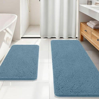 OLANLY Chenille Bathroom Rugs Mats Sets 2 Piece, 59"x20"+30"x20", Airy Blue