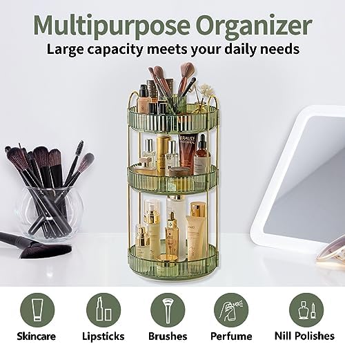 Asayuee 360 Rotating Makeup Organizer,3 Tier Large Capacity Make Up Organizers and Storage,Skincare Perfume Vanity Organizers,Bathroom Cosmetics Storage Organizer Countertop (Green)