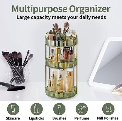 Asayuee 360 Rotating Makeup Organizer,3 Tier Large Capacity Make Up Organizers and Storage,Skincare Perfume Vanity Organizers,Bathroom Cosmetics Storage Organizer Countertop (Green)