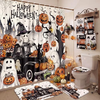 FuWeave 8 Pcs Halloween Shower Curtain Set for Bathroom Decor Include Vintage Ghost Pumpkin Black Truck Towels Non Slip Skull Rugs Toilet Lid Cover Halloween Spider Web Bath Mat and 12 Hooks