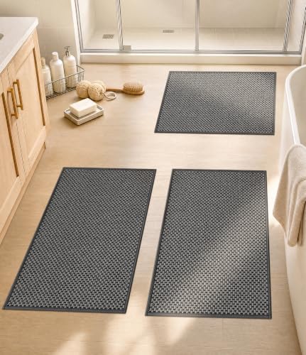 YIHOUSE Dark Grey Bathroom Rugs Sets 3 Pieces,Thin Bath Mat Quick Dry