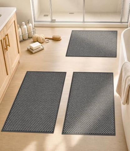 YIHOUSE Dark Grey Bathroom Rugs Sets 3 Pieces,Thin Bath Mat Quick Dry