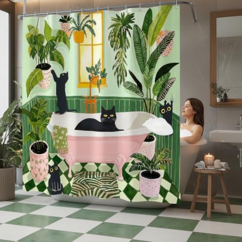 Fowocu Funny Cat Shower Curtain for Bathroom Green 72x78 Inch