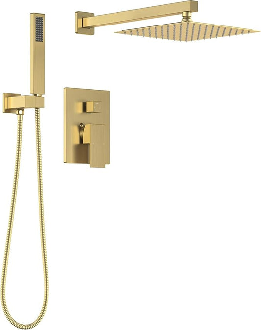 Lava Odoro Modern 2-Setting Square Shower System with Rain Shower Head and Handheld Spray Gold, Rainfall Shower Faucet Set Gold, Shower Valve and Trim Kit, Brushed Gold, SF103-SG