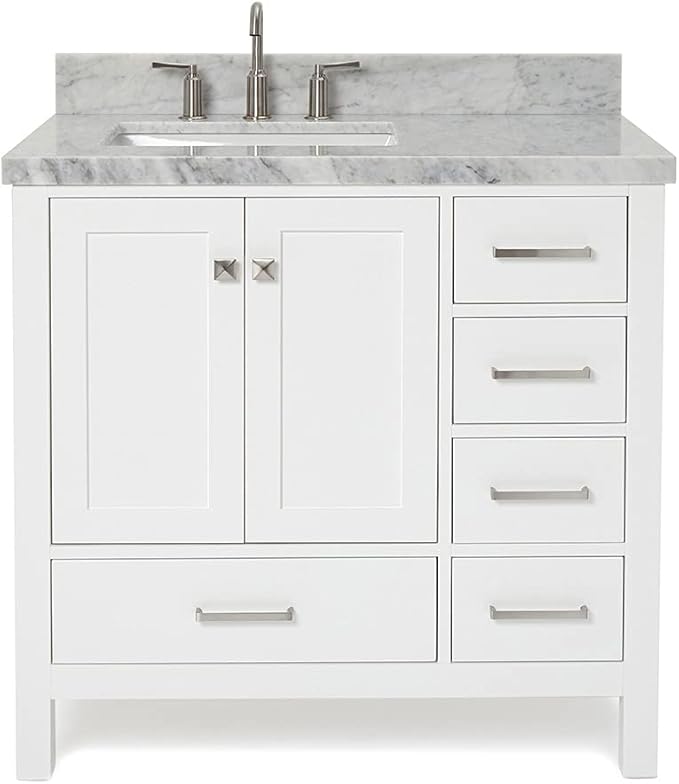 ARIEL Cambridge 36-inch Bathroom Vanity with Sink,Solid Wood, 1.5-inch Italian Carrara Marble Countertop, Single Rectangular Porcelain Sink, 2 Soft Closing Doors, 5 Dovetail Drawers, White