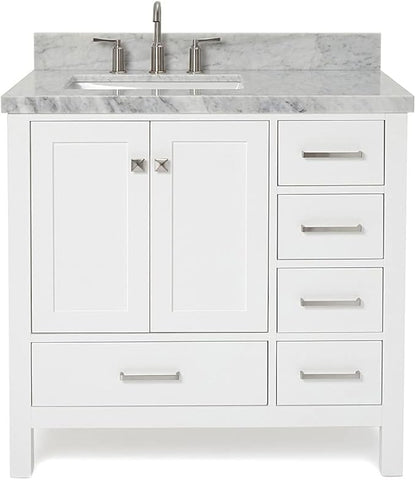 ARIEL Cambridge 36-inch Bathroom Vanity with Sink,Solid Wood, 1.5-inch Italian Carrara Marble Countertop, Single Rectangular Porcelain Sink, 2 Soft Closing Doors, 5 Dovetail Drawers, White