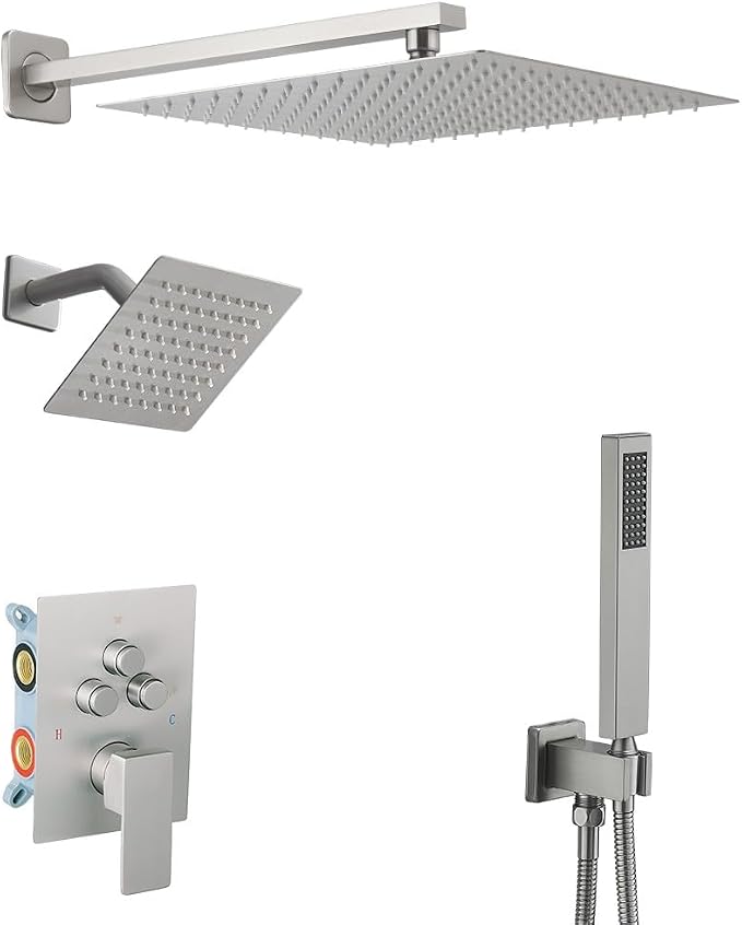 Shower Faucet Set Brushed Nickel 12 Inch Wall Mount Rainfall Shower System with 2 Rain Shower Head and Handheld Head Push Button Diverter Shower Trim Kit and Rough-in Valve Body