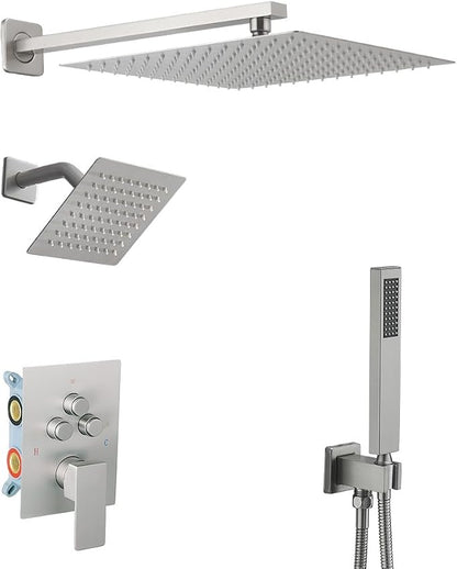 Shower Faucet Set Brushed Nickel 12 Inch Wall Mount Rainfall Shower System with 2 Rain Shower Head and Handheld Head Push Button Diverter Shower Trim Kit and Rough-in Valve Body