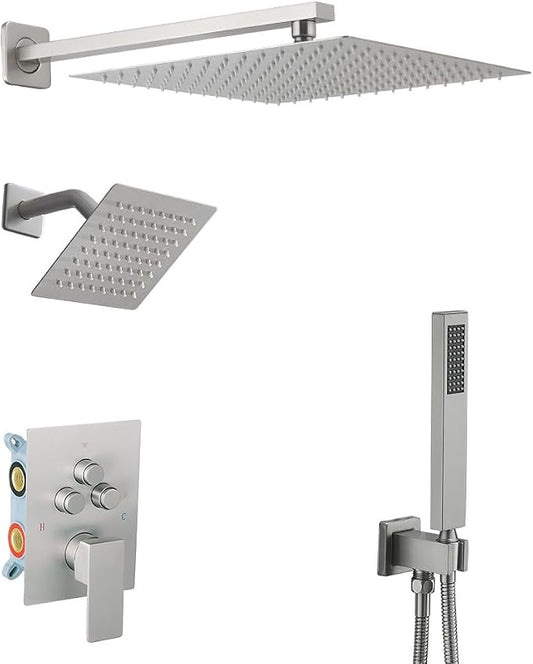 Shower Faucet Set Brushed Nickel 12 Inch Wall Mount Rainfall Shower System with 2 Rain Shower Head and Handheld Head Push Button Diverter Shower Trim Kit and Rough-in Valve Body