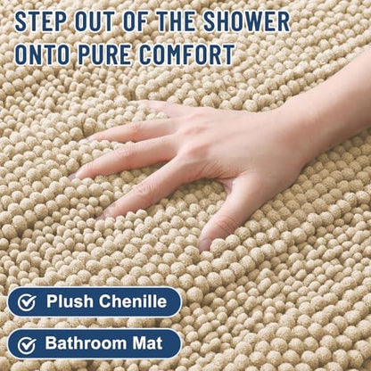 Grandaily Chenille Striped Bathroom Rugs 70x24, Extra Thick and Soft Absorbent Bath Mats, Rubber Backing, Plush Shaggy Shower Carpet, Machine Wash Dry, Bath Rug for Bathroom, Light Beige