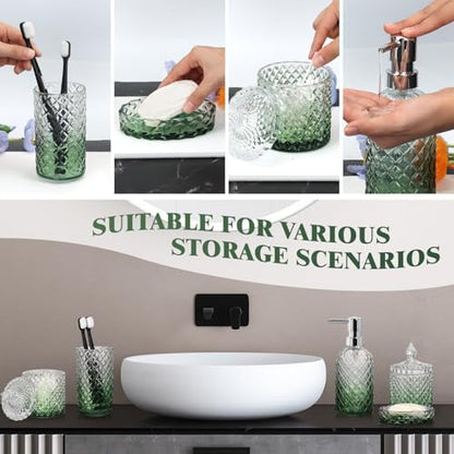 Bathroom Accessories Set, 5Pcs Bathroom Soap Dispenser Set, Glass Bathroom Accessories with Glass Soap Dispenser, Soap Dish, Toothbrush Holder, Tumbler, Cotton Swab Jar (Gradient Clear & Green)