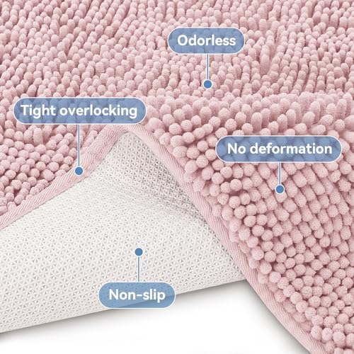 Bcoimo Bath Rug Mat,30x20 Chenille Non Slip Pink Bathroom Floor Shower Mats