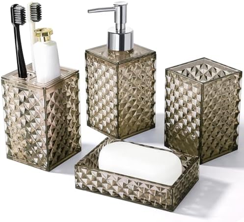 RYTOXILO Brown Bathroom Accessories Set, 4 Pack Acrylic Bath Accessory Sets Complete, Diamond Soap Dispenser and Toothbrush Holder Bathroom Counter Sink Set, Boho Modern Bathroom Decor