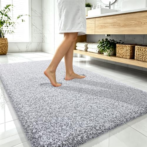 OLANLY Microfiber Bathroom Rugs 59x35, Quick Dry Bath Mat, Grey and White