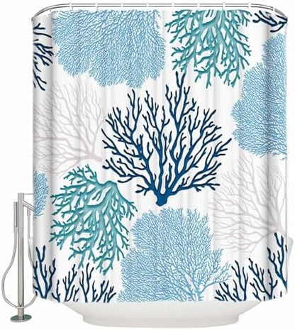 Shower Curtain Bathroom Set Classic Sea Blue Coral Waterproof Shower Curtains with Grommets Hooks Abstract Marine Life Scenery Privacy Bath Curtain for Bathtub Decor 60x72in