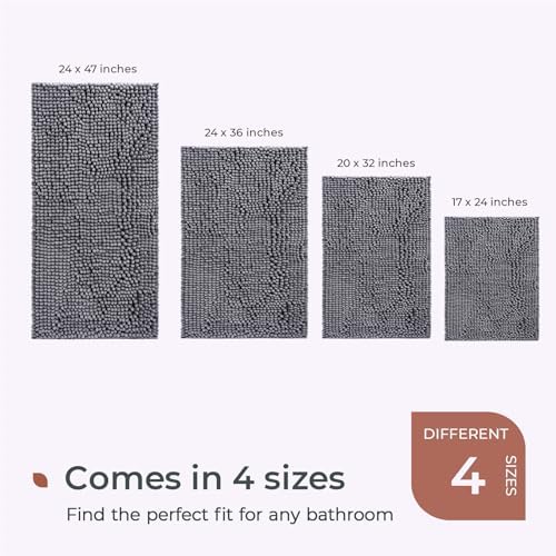 FRESHMINT Chenille Bathroom Rugs Non-Slip Bath Mat 32”x20”, Washable Soft Shower Mat, for Bathroom Floor & Tub Fluffy Shag Bath Rugs, Durable Thick Water Absorbent Microfiber Shower Rugs, Gray