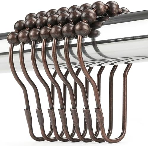 Shower Curtain Hooks Rings, Rustproof Metal Shower Curtain Rings for Bathroom Shower Rods Curtains - Set of 12, Bronze