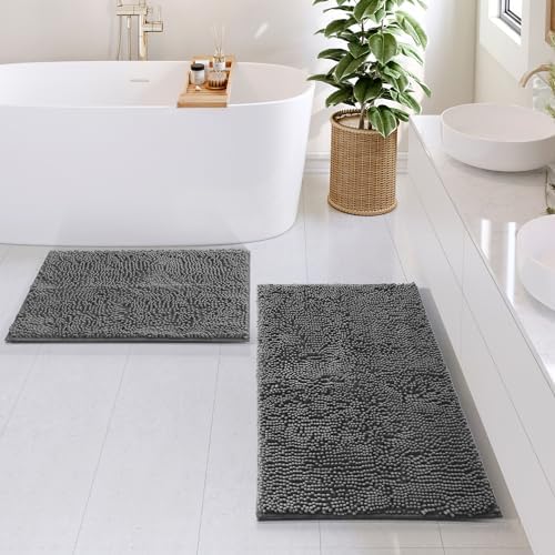 Hearth & Harbor Bathroom Rugs, Chenille Bath Mat - Machine Washable Bath Mats for Bathroom Non-Slip Backing Rubber, Quick Dry Mat. 17x24-20x32 - Dark Gray