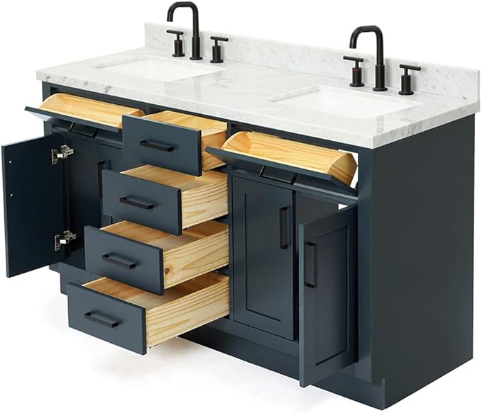 ARIEL Hepburn 60-inch Bathroom Vanity with Sink,Solid Wood, 1.5-inch Italian Carrara Marble Countertop, Double Rectangular Porcelain Sink, 4 Soft Closing Doors, 6 Dovetail Drawers, Midnight Blue