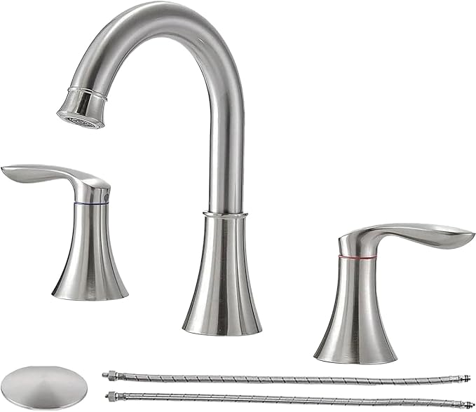 Friho Brushed Nickel Bathroom Faucet 3 Hole, Widespread 8 Inch 2 Handle Vanity Sink Faucet Set with Swivel Spout, Pop Up Drain and Water Supply Hoses
