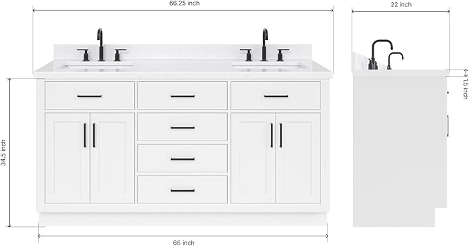 ARIEL Hepburn 66-inch Bathroom Vanity with Sink,Solid Wood, 1.5-inch Carrara White Quartz Countertop & Backsplash, Double Rectangular Porcelain Sink, 4 Soft Closing Doors, 6 Dovetail Drawers, White