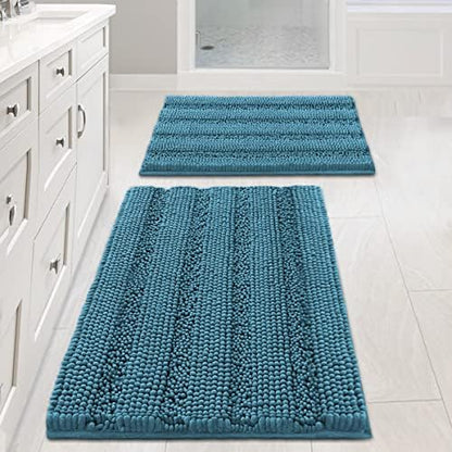 H.VERSAILTEX Turquoise Bathroom Rug, 2 Piece Bathroom Rug Set Slip-Resistant Extra Absorbent Soft and Fluffy Thick Striped Bath Mat Shag Floor Mat(Turquoise Blue, 20" x 32"/17" x 24")