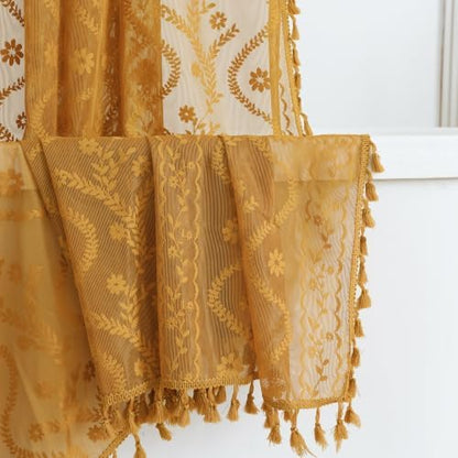 WAZZIO Yellow Lace Shower Curtain for Bathroom 72" W x 72" L, Victorian Farmhouse Floral Pattern Tassel Fancy Shower Curtain Boho Washable Cloth Decorative Bath Curtains,1 Panel