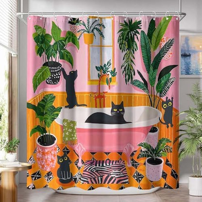 Funny Cat Shower Curtain Boho Cute Fun Black Cats Matisse Shower Curtains for Bathroom Kitten Green Tropical Plant Leaves Pink Orange Yellow Waterproof Fabric Bath Curtain Decor 72 X 78 Inches