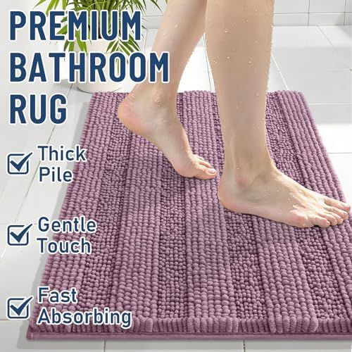 Grandaily Chenille Striped Bathroom Rugs 24x16, Extra Thick and Soft Absorbent Bath Mats, Rubber Backing, Plush Shaggy Shower Carpet, Machine Wash Dry, Bath Rug for Bathroom, Deep Plum