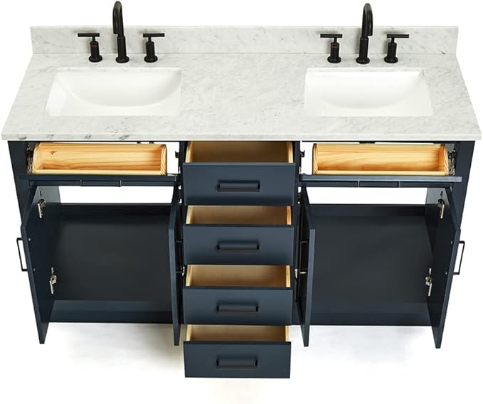ARIEL Hepburn 60-inch Bathroom Vanity with Sink,Solid Wood, 0.75-inch Italian Carrara Marble Countertop, Double Rectangular Porcelain Sink, 4 Soft Closing Doors, 6 Dovetail Drawers, Midnight Blue