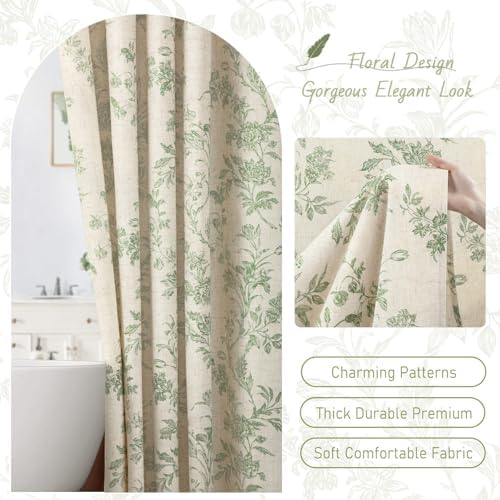 Sage Green Floral Shower Curtain,Vintage Linen Beige Cottagecore Shower Curtains for Bathroom, 72" W x 72" L