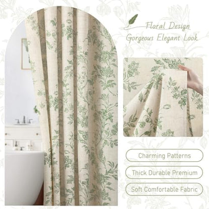 Sage Green Floral Shower Curtain,Vintage Linen Beige Cottagecore Shower Curtains for Bathroom, 72" W x 72" L