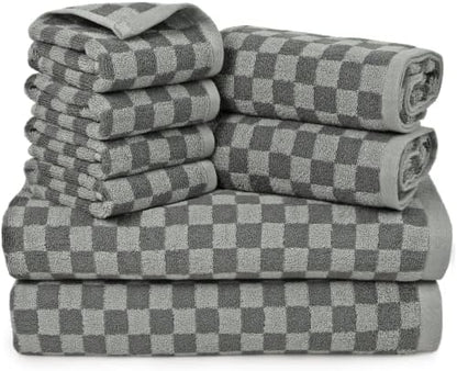 Jacquotha Grey Checkered Towel Set of 8, Cotton Towels for Bathroom Decor