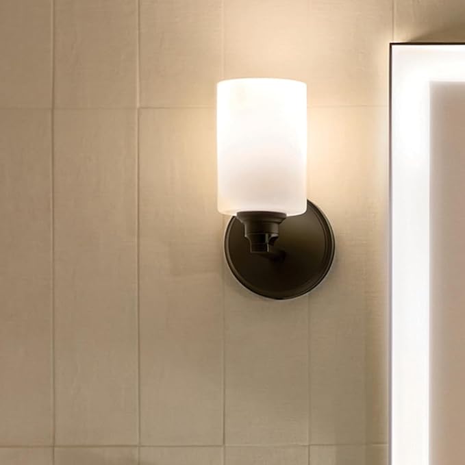 Kichler Gioe 5" 1-Light Wall Sconce with Opal Glass in Black, Damp Rated, for Powder Room, Bathroom, Kitchen, Hallway, Bedroom, Fireplace, (5" W x 9.5" H), 55224BK
