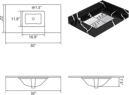 30 in. W x 22 in D Quartz Vanity Top in Black Marquina,with One Sidesplash & One Backsplash, Vanity Sink Top with Assembled Single Drop-in Sink, Pre-Drilled Single Faucet Hole Countertop