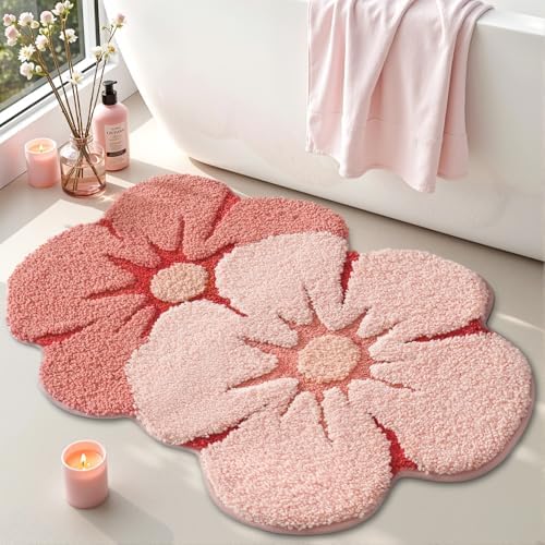 LUMI Flower Bathroom Rug, Absorbent Non Slip Bath Mat, 20"x32", Pink Flower