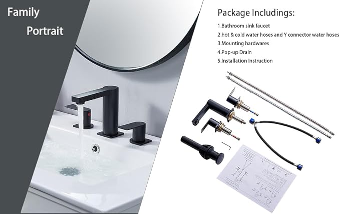 Bathroom Faucet Black 3 Hole, Matte Black Widespread Bathroom Faucet, 2-Handle 8-Inch Center Mount Bathroom Sink Faucet with Hose and Pop-Up Drain for RV Bath Vanity Lavatory, VAL079BRH