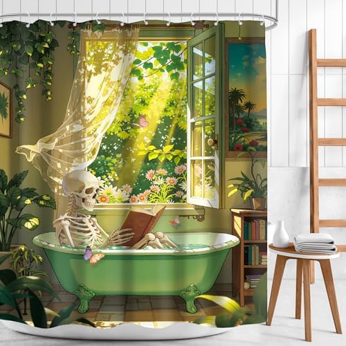 Skull Skeleton Gothic Spooky Green Botany Bathroom Shower Curtain Set