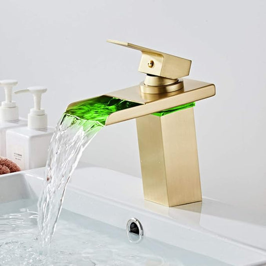 Faucet LED Waterfall Brass Faucet Bathroom Deck Mounted Basin Sink Mixer Tap (Brushed Gold) Faucet