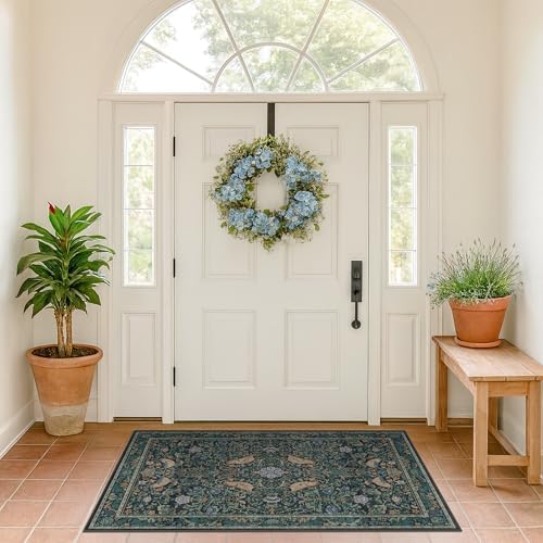 Vintage Large Entryway Rugs Indoor, 3x5 Washable Blue and Green Floral Rugs for Kitchen Floor, Bedroom Beside Bed, Non-Slip & Low Pile Stain Resistant Laundry Carpet with Plant & Bird Pattern