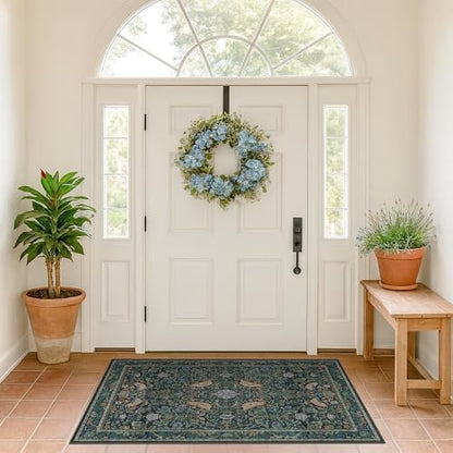 Vintage Large Entryway Rugs Indoor, 3x5 Washable Blue and Green Floral Rugs for Kitchen Floor, Bedroom Beside Bed, Non-Slip & Low Pile Stain Resistant Laundry Carpet with Plant & Bird Pattern