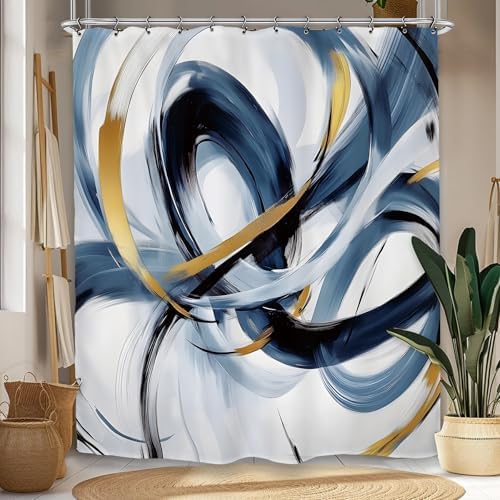Abstract Navy Blue Shower Curtain 60Wx72L Inch Modern Neutral Minimalist Contemporary Art Bathroom Set Accessories Decor with 12 Pack Hooks